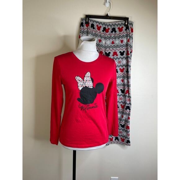 Disney Womens Minnie Mouse 2 Pc PAJAMAS Size Small Fleece Pants RED Gray - Picture 3 of 11